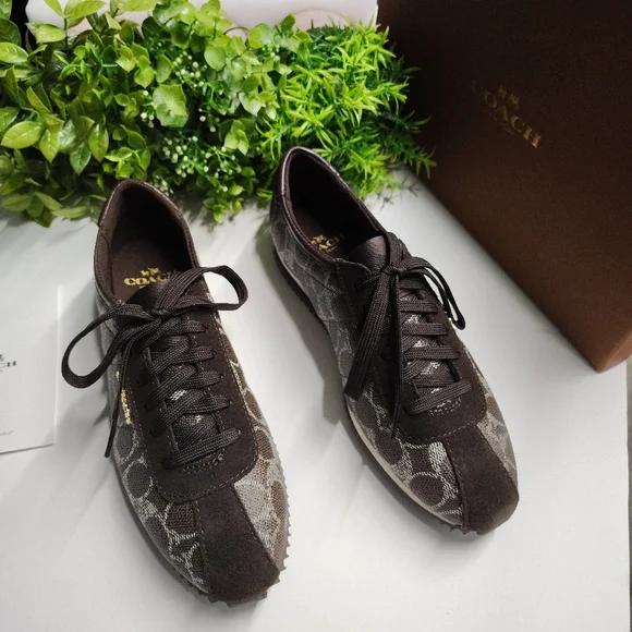 Coach Ivory Signature Monogram Sneakers | Black-Brown Chestnut Leather Trim - Picture 3 of 9